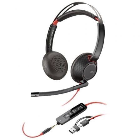 Auriculares Poly Blackwire 5220 USB-C + 3.5 mm + Adaptador USB-C/A/ con Micrófono/ Jack 3.5